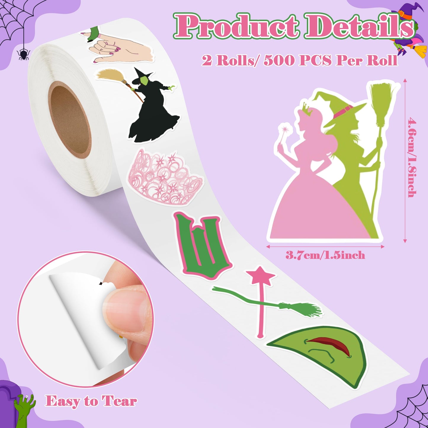 GUjianzhi 1000Pcs Witch Musical Stickers, Pink Crown Black Hat Green Broom Adhesive Decals for Kids Girls, Wicky Witch TV Movie Merchandise Party