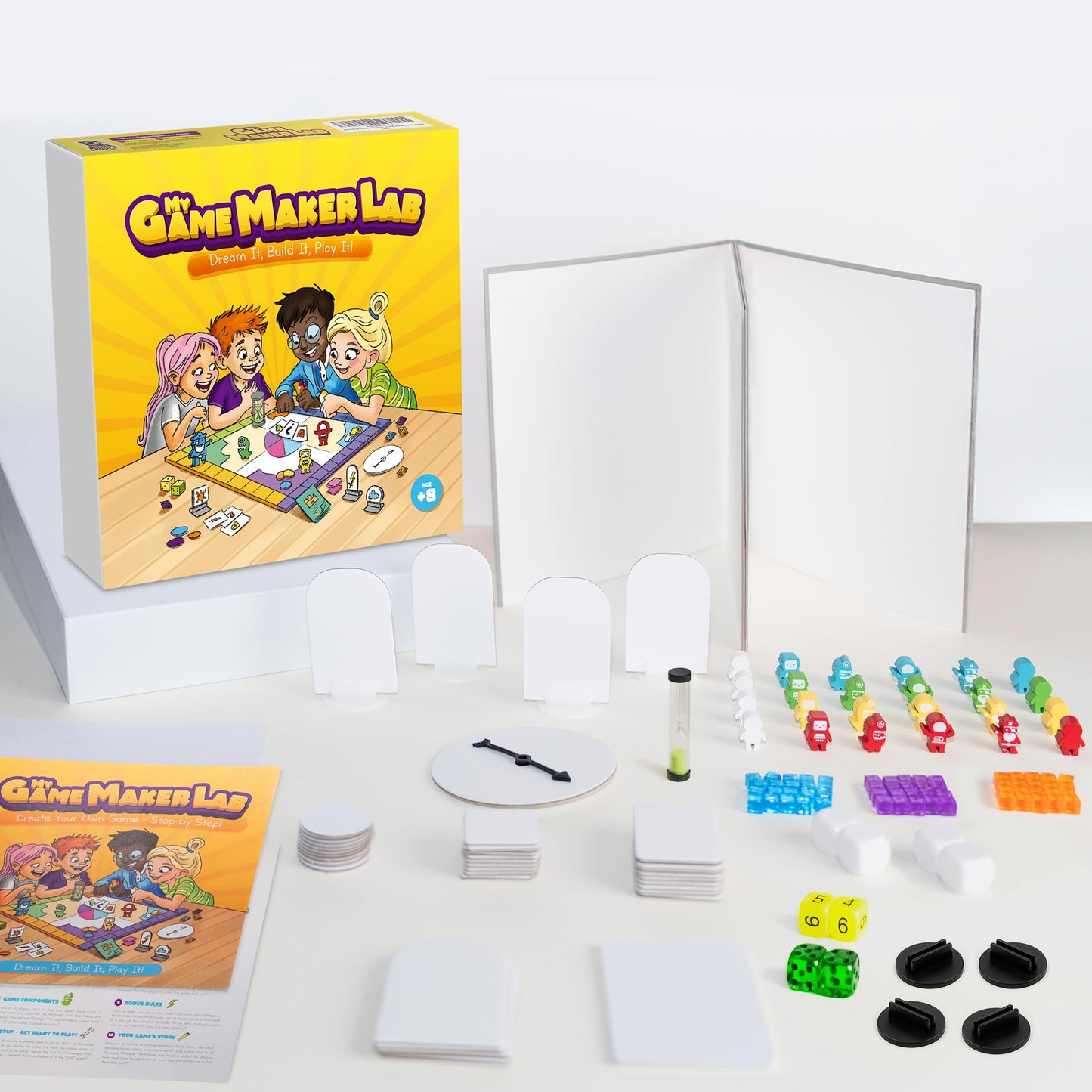 Blank Board Game Kit for Kids & Families - Make Your Own Game with 180+ Pieces: Double-Sided Blank Game Board, Blank Cards, Dice, Wooden Tokens