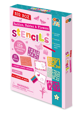 Buddy & Barney Big Box of Fashion, Fairies, & Flowers Stencils (Large 32-Piece Stencils Kit), 150+ Shapes, 6 Coloring Pencils, 5 Stencil Sheets, Arts