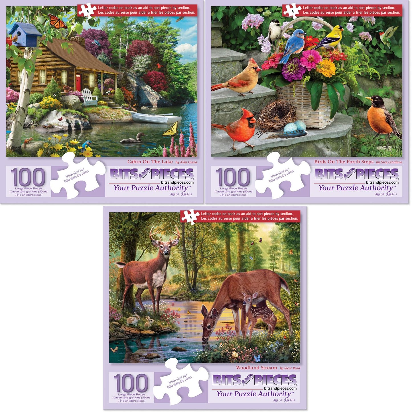 Bits and Pieces 3 Jigsaw Puzzle Set - 100 Piece Puzzles for Adults - Nature Scenes Set - 15" x 19" Jigsaw Puzzles - Birds Log Cabin Deer - Random Die