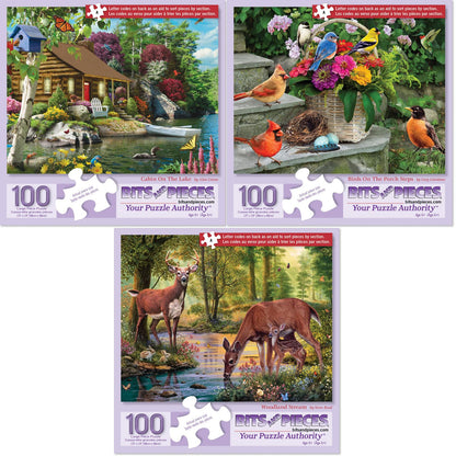 Bits and Pieces 3 Jigsaw Puzzle Set - 100 Piece Puzzles for Adults - Nature Scenes Set - 15" x 19" Jigsaw Puzzles - Birds Log Cabin Deer - Random Die
