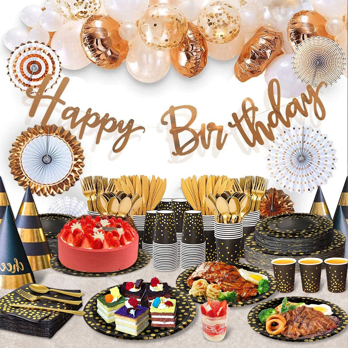 AIRE Black Gold Paper Plates Set, 175PCS Disposable Dinnerware Serves 25