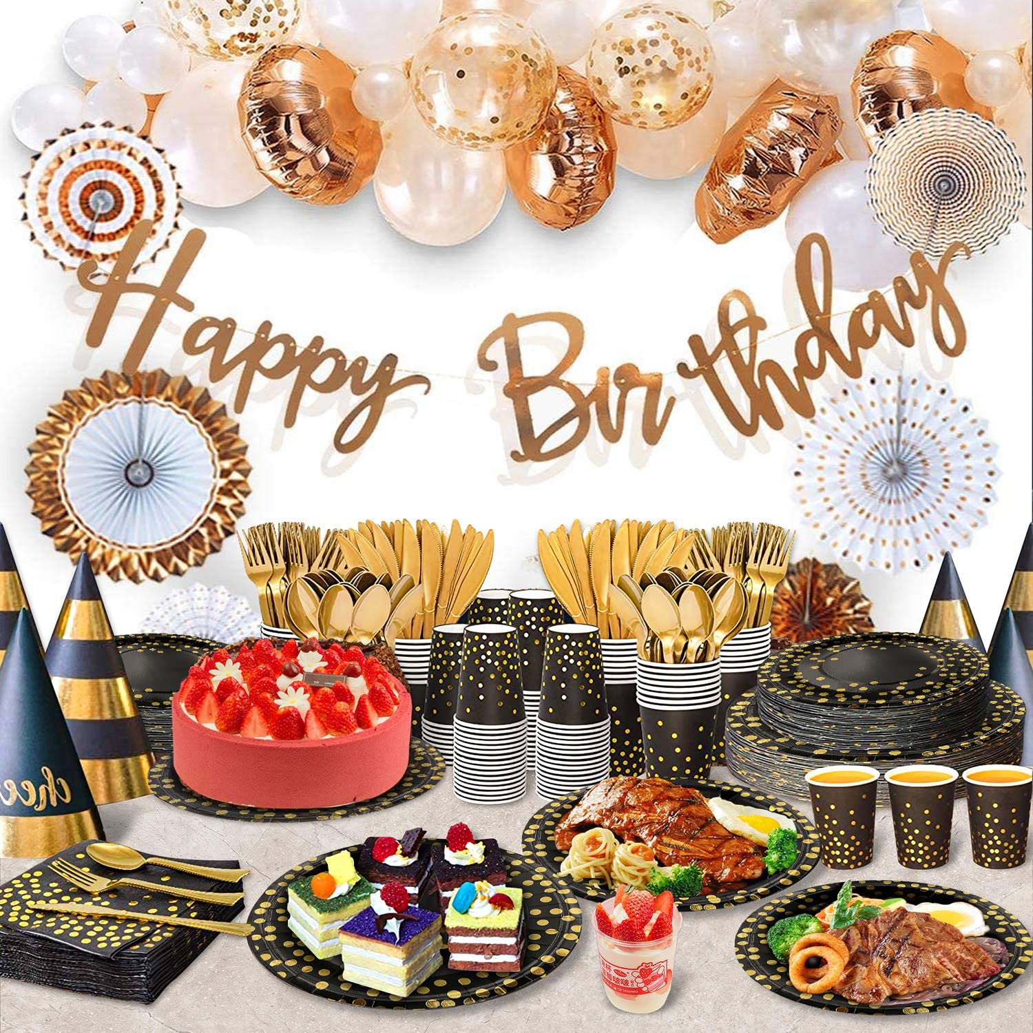 AIRE Black Gold Paper Plates Set, 175PCS Disposable Dinnerware Serves 25