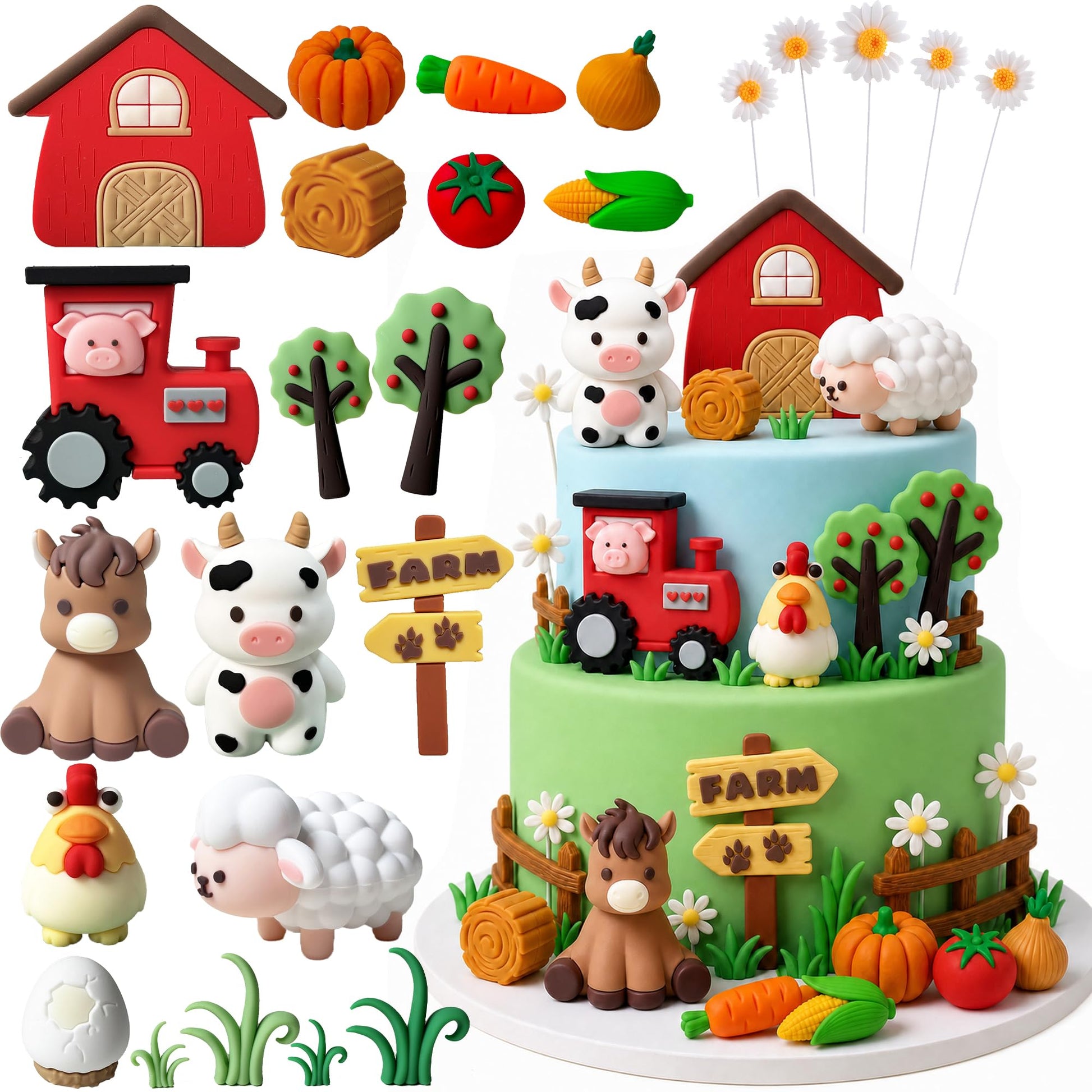 24 Pcs Farm Animal Cake Topper Set, Birthday Cake Decorations, Complete Farm Theme Cake Decorating Kit for Kids Birthday Party, Farm Party Decorations
