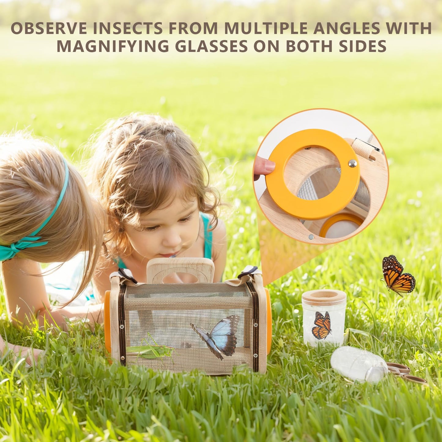 Montessori Wooden Bug Catcher Kit for Kids - 8-in-1 Outdoor Explorer Set with Habitat, Net & Magnifying Glass STEM Learning Toys for Ages 3-8 Nature