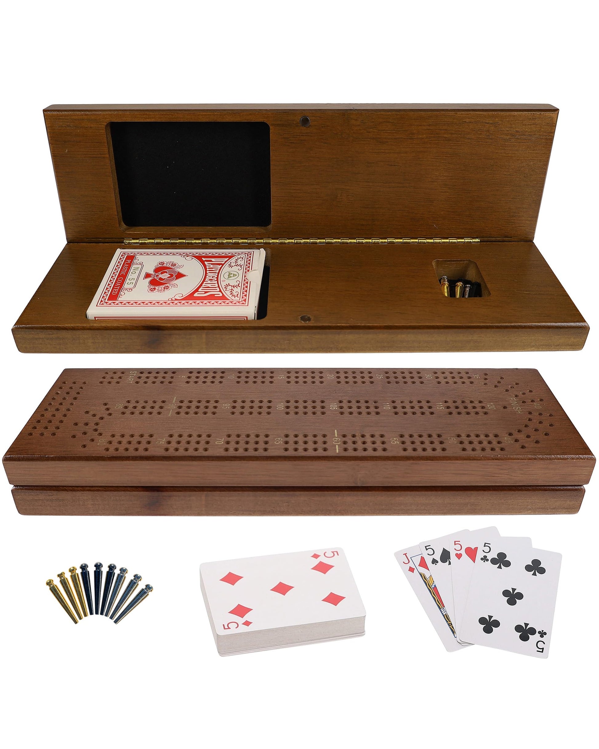 Cribbage Board with Pegs - Cribbage Set of Playing Cards & 9 Metal Pegs - Fun Family Game Night - Travel Cribbage Board, WE Games, Walnut Stained