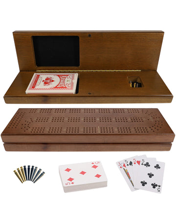 Cribbage Board with Pegs - Cribbage Set of Playing Cards & 9 Metal Pegs - Fun Family Game Night - Travel Cribbage Board, WE Games, Walnut Stained