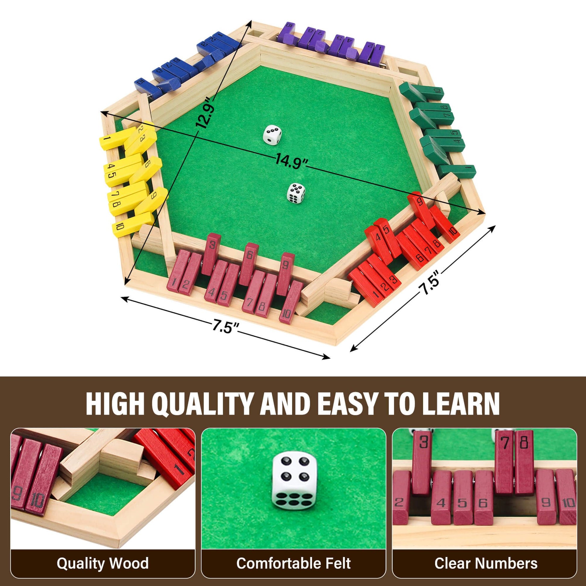 INNOVJOPRO 6-Sided Shut the Box Game Multicolor Wooden with 16 Dice