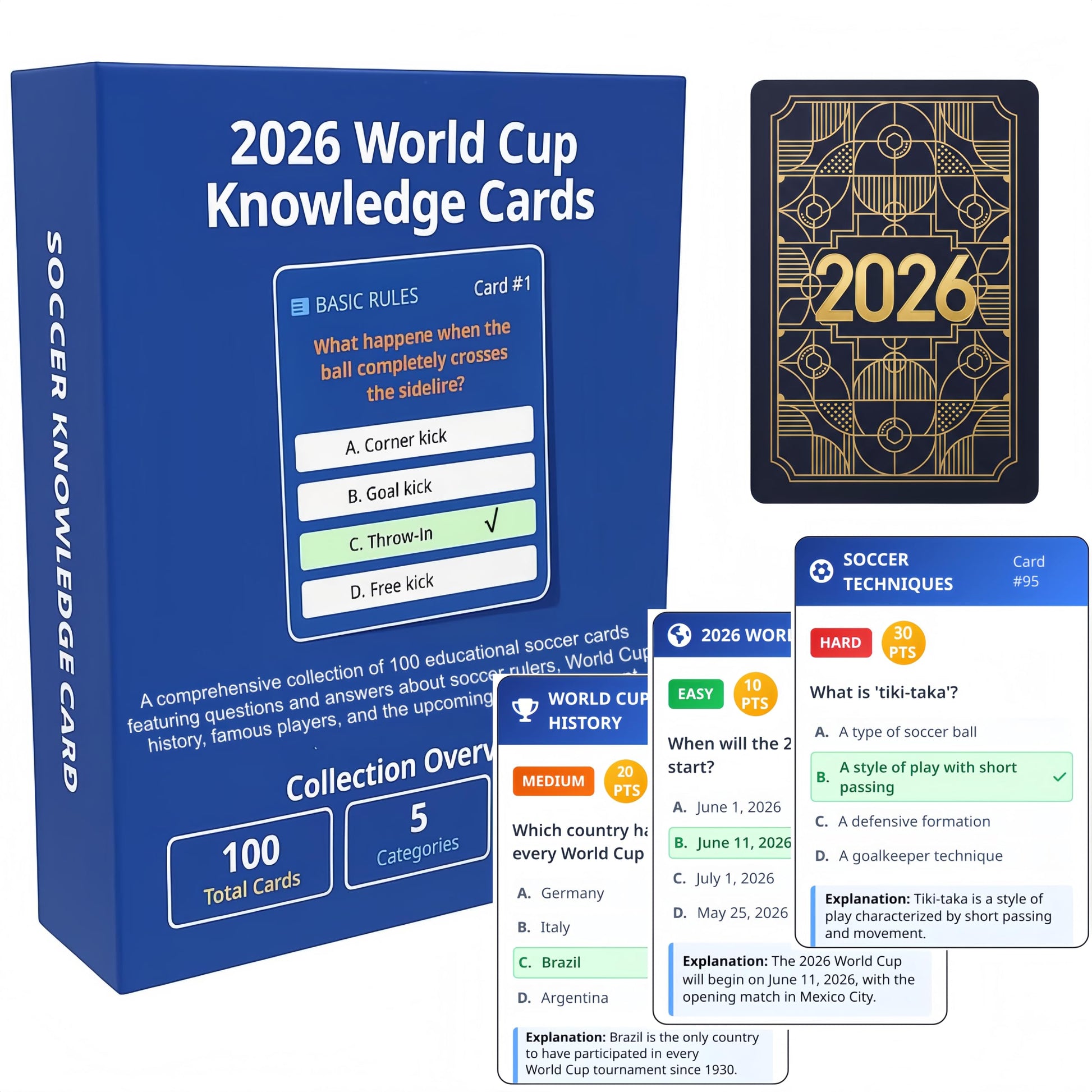 YXYOUNG 2026 World Cup Soccer Knowledge Trivia Card - 5 Categories, 3 Difficulty Levels, Soccer Quiz Flash Card Game with 100 Trivia Questions, Family