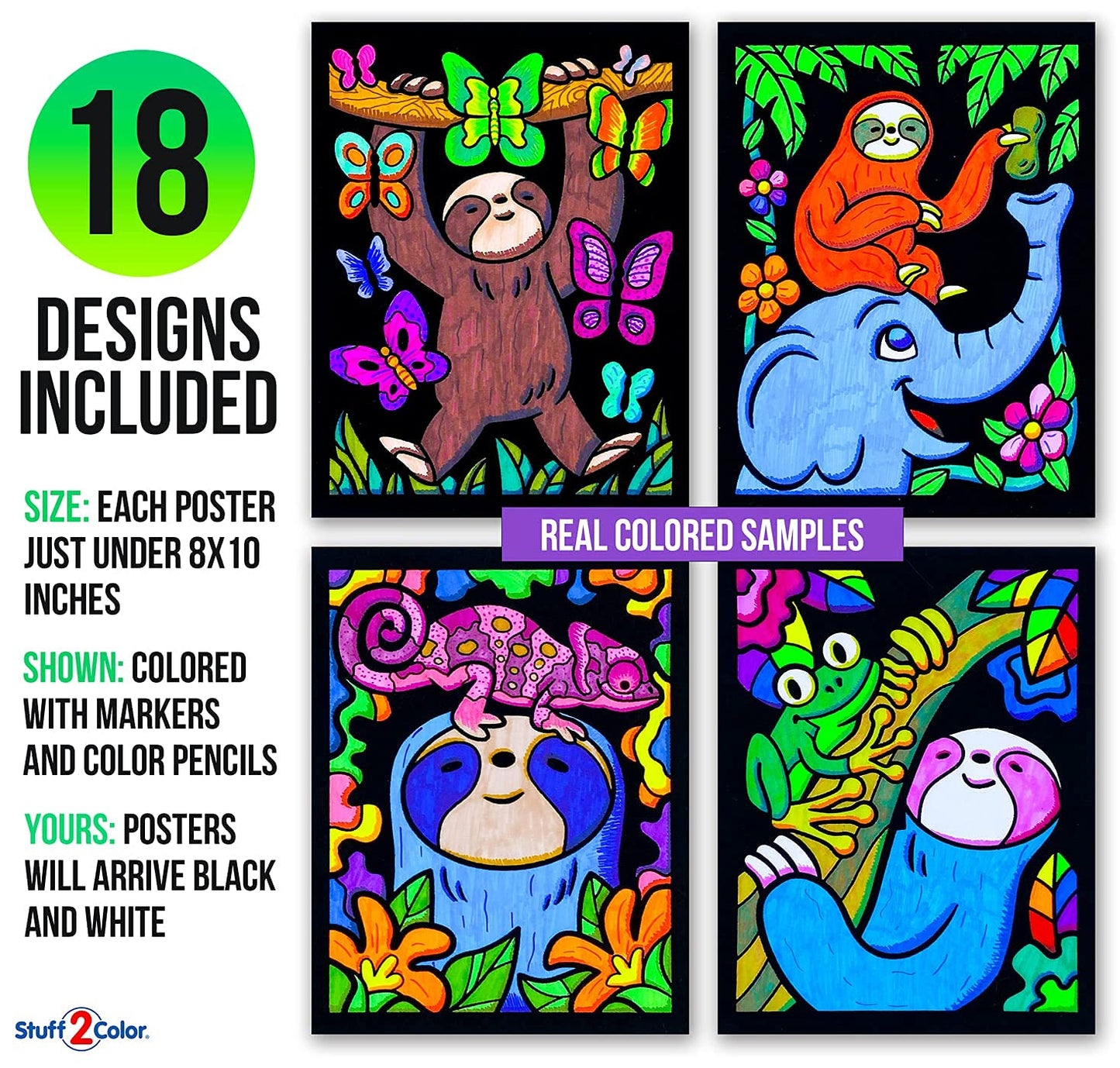 Stuff2Color Super Pack of 18 Fuzzy Velvet Coloring Posters (Sloth Adventures) - Arts & Crafts for Girls and Boys - Great for After School, Travel