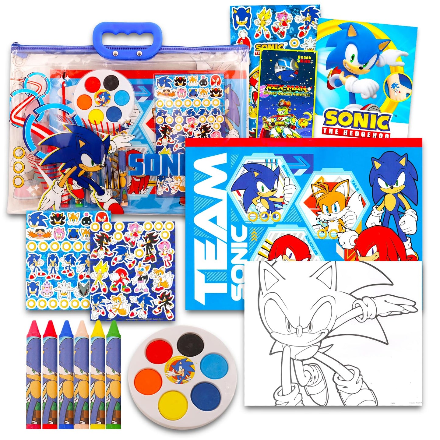 Sonic The Hedgehog Drawing and Painting Set for Boys - Sonic Gift Bundle with Coloring Book, Coloring Utensils, Watercolor Paints, Stickers, Tattoos