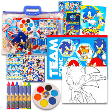 Sonic The Hedgehog Drawing and Painting Set for Boys - Sonic Gift Bundle with Coloring Book, Coloring Utensils, Watercolor Paints, Stickers, Tattoos