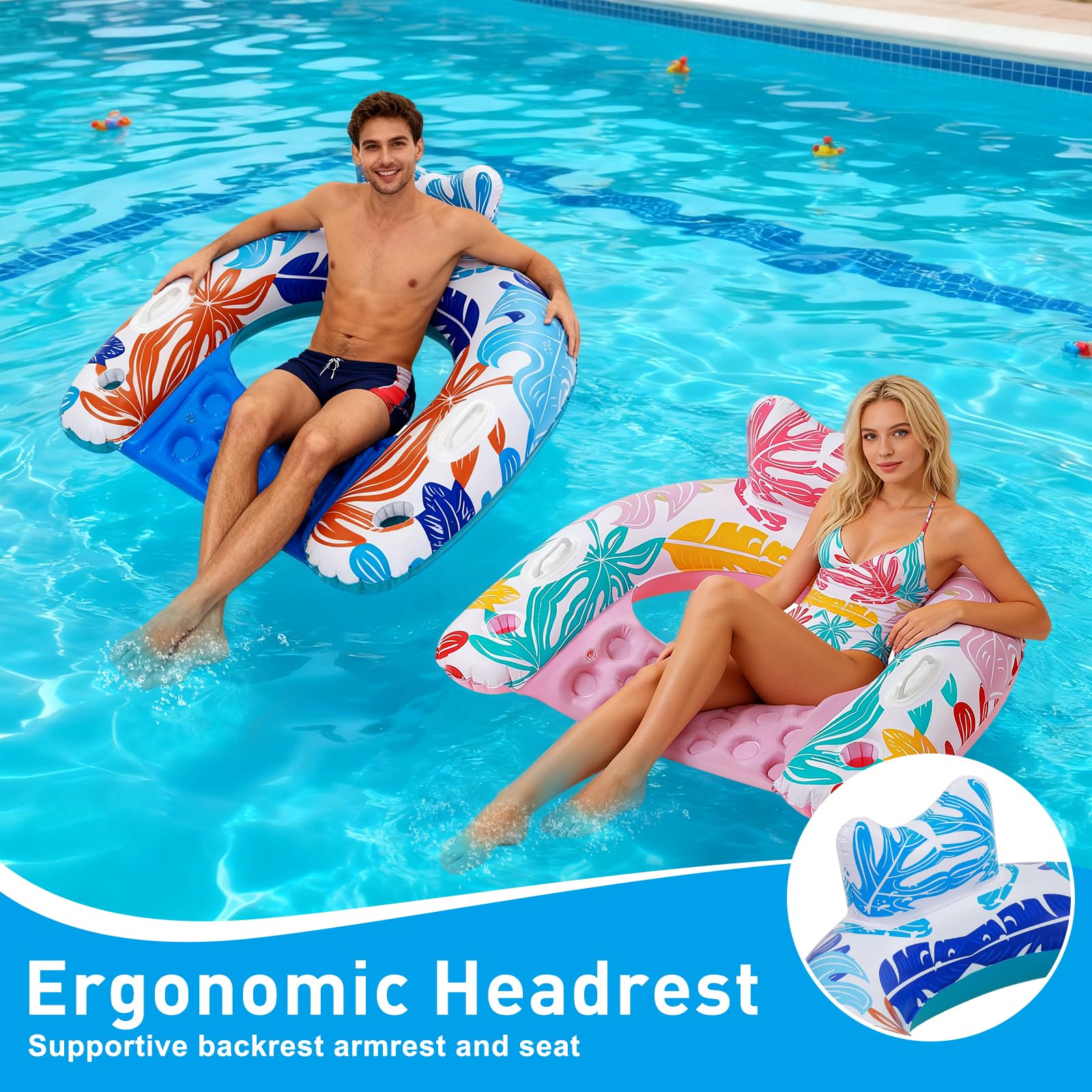 BSIEZC Pool Floats, 3Pack Inflatable Pool Floats Adult & Kids, U-Shaped Pool Float Lounger with Comfortable Headrest,Cup Holders Sturdy Handles