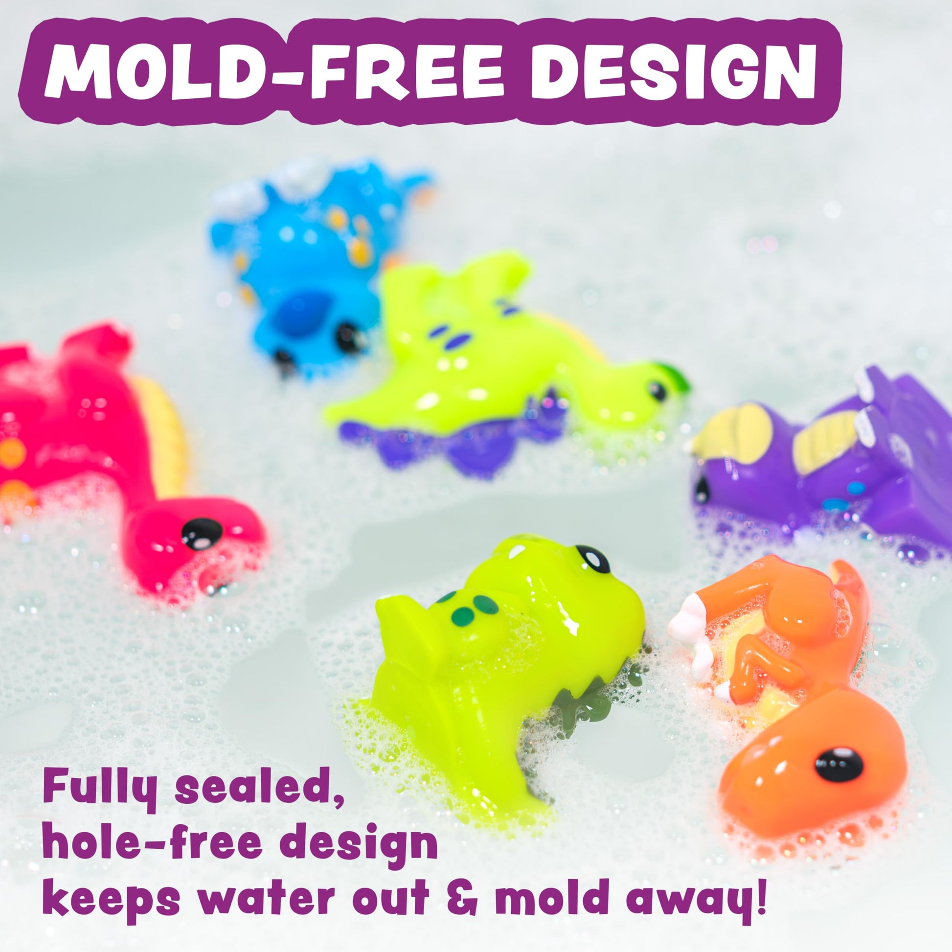 Tub Works® Dinosaur Mold Free Bath Toys, 6 Pack | Sealed, No Hole Bath Toys Design Keeps Moisture Out | Soft, Squeezable & Float on Water | Easy-Grip