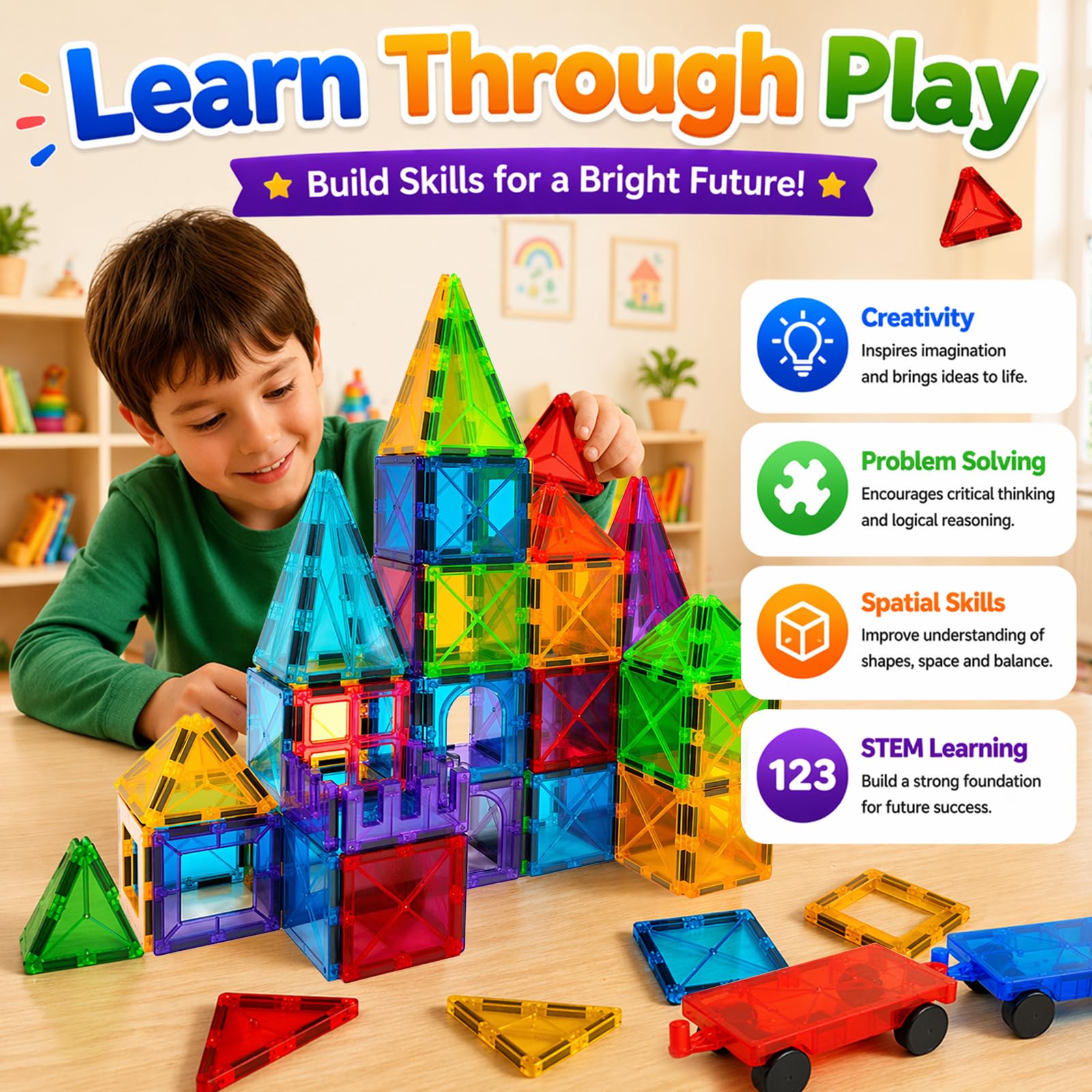 LATI 130-Piece Magnetic Tiles Building Toy Large Set for Kids,Magnetic Building Blocks Construction Set,Open-Ended Play STEM Educational