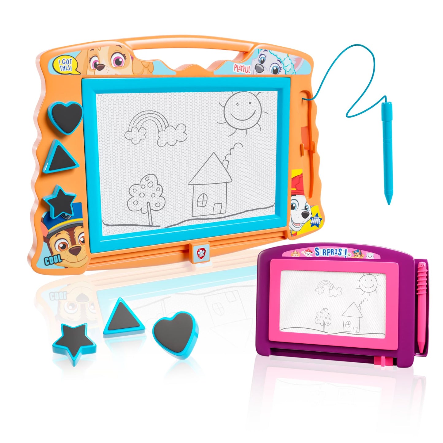 Paw Patrol 2-Pc Magnetic Drawing Board Set for Girls and Boys, One Large Board with 3 Stamps and Stylus Pen and One Travel Size Drawing Board, Toddler
