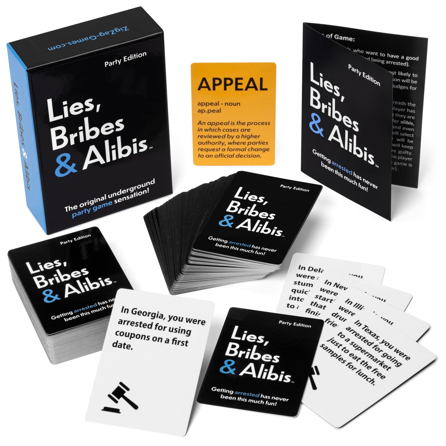 ZigZag Games Lies, Bribes & Alibis - A Fun Adult Party Card Game for Date Nights, College Bashes, Friendly Gatherings and Game Nights - Free Bonus
