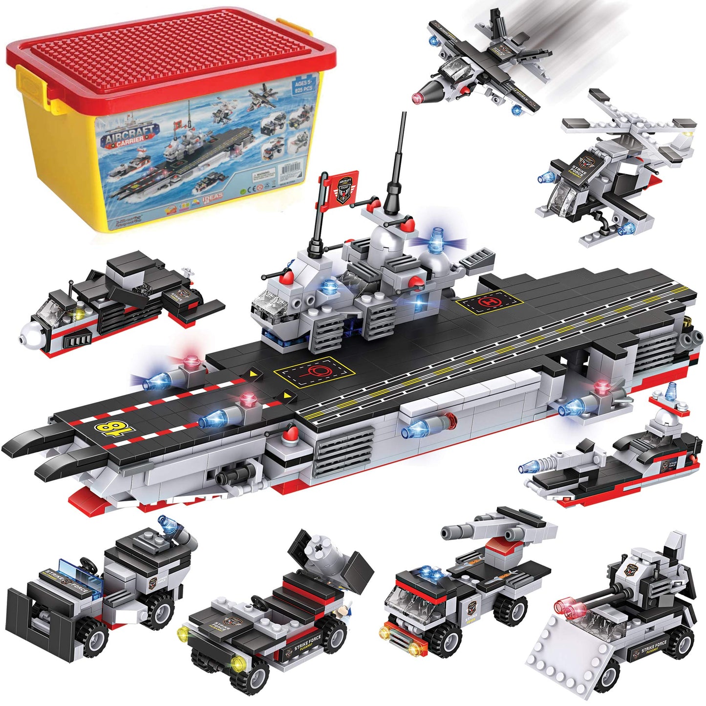 Liberty Imports 825pc Military Aircraft Carrier Fleet Construction Bricks Toy - 8-in-1 Naval Battleship Models with Navy Vehicles, Jets & More