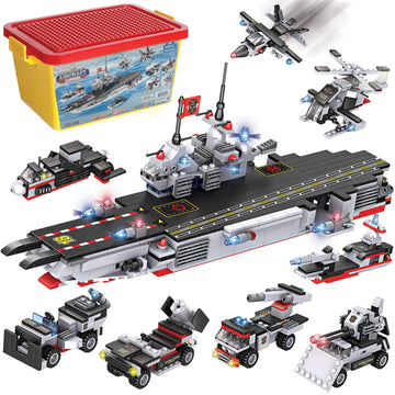 Liberty Imports 825pc Military Aircraft Carrier Fleet Construction Bricks Toy - 8-in-1 Naval Battleship Models with Navy Vehicles, Jets & More