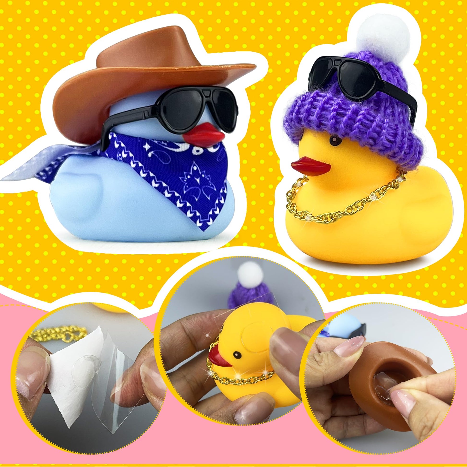 16Set 64PCS Mini Duck Toys Bulk Decoration with Hat Scarf Necklace Sunglasses Cute Tiny Duck Figurines for Kids Teens Birthday Baby Shower Swimming