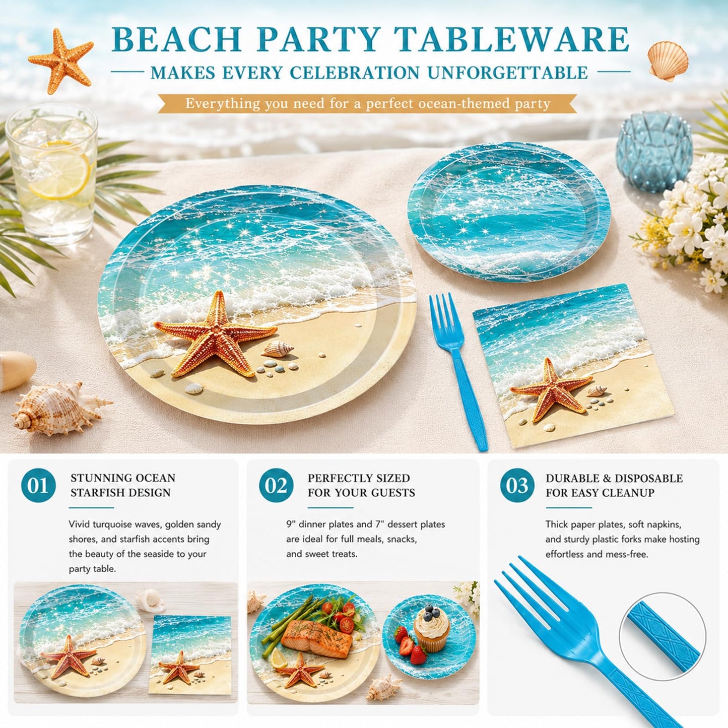 100 Pcs Beach Tableware Set Serves 25 - Disposable Ocean Starfish Paper Plates Napkins Forks, 9 Inch 7 Inch Plates Summer Tropical Coastal Pool