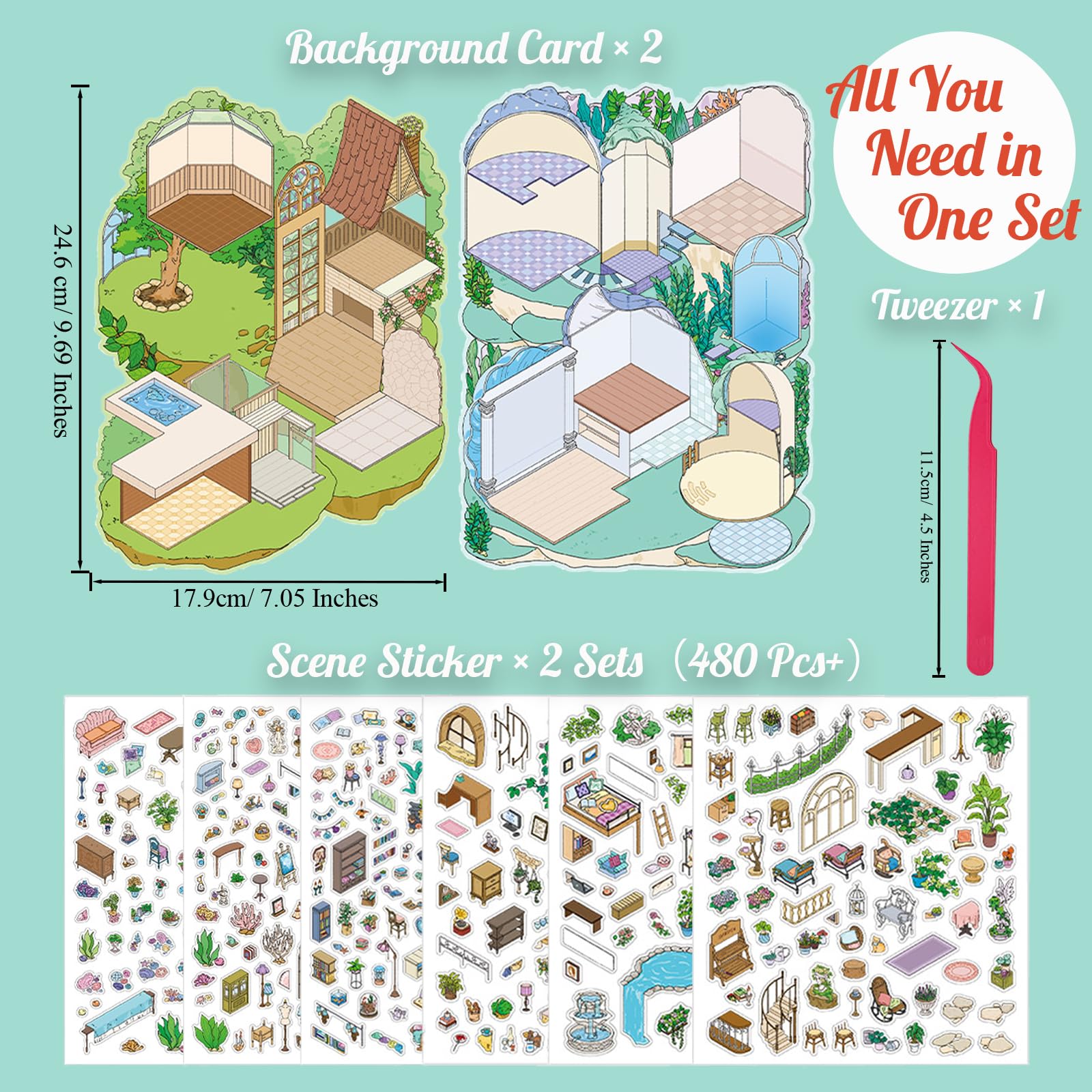 Extra Large Villa Scene Sticker Set, 2 Super Complex House & Room Isometric Miniature Creative Play Kits Include Big Size Background Card with 3D DIY