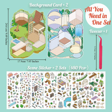 Extra Large Villa Scene Sticker Set, 2 Super Complex House & Room Isometric Miniature Creative Play Kits Include Big Size Background Card with 3D DIY