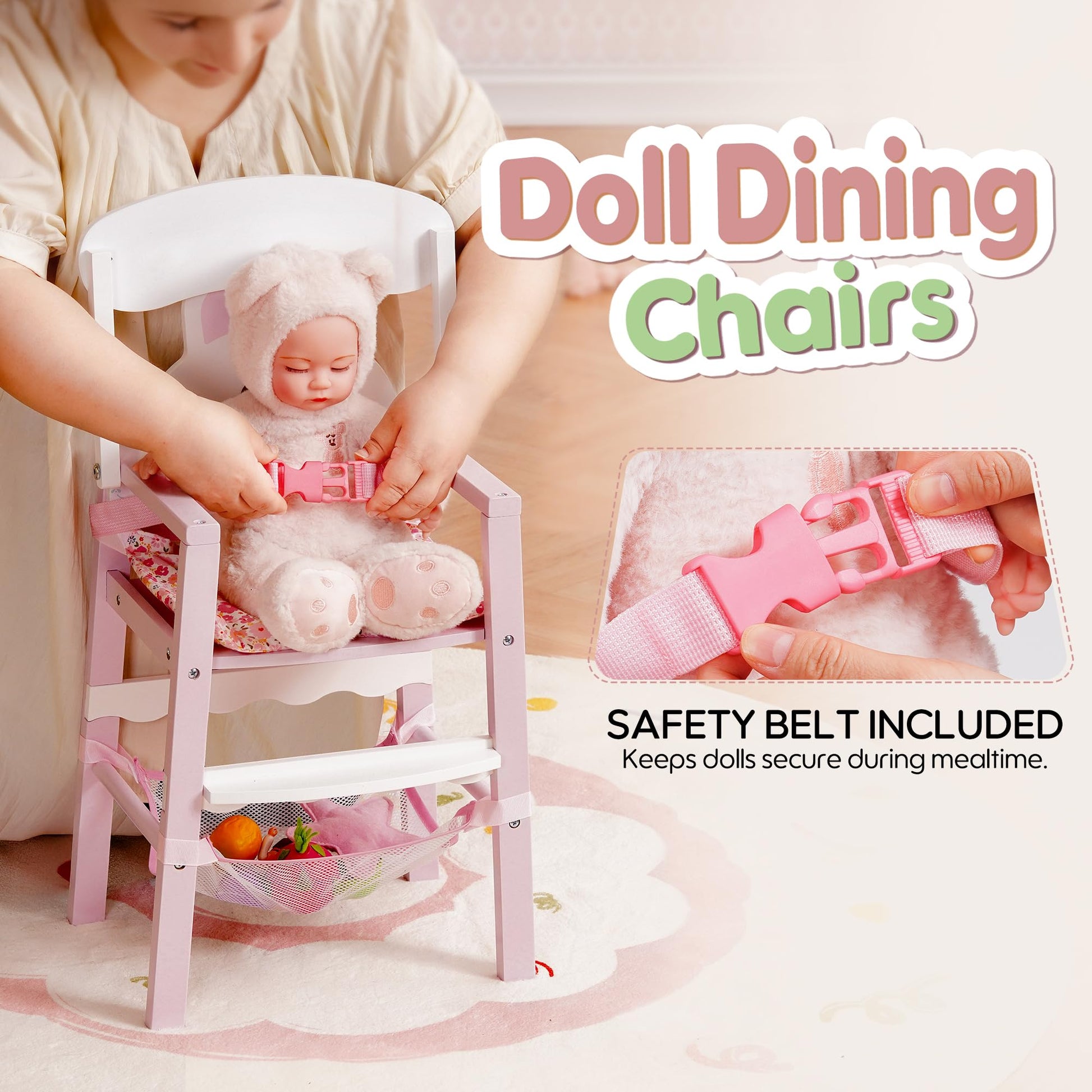 ROBOTIME Wooden Baby Doll High Chair - Pretend High Chair Toys for 18" Dolls - Doll Feeding Chair Toy with Tray - Baby Doll Furniture for Girls Ages
