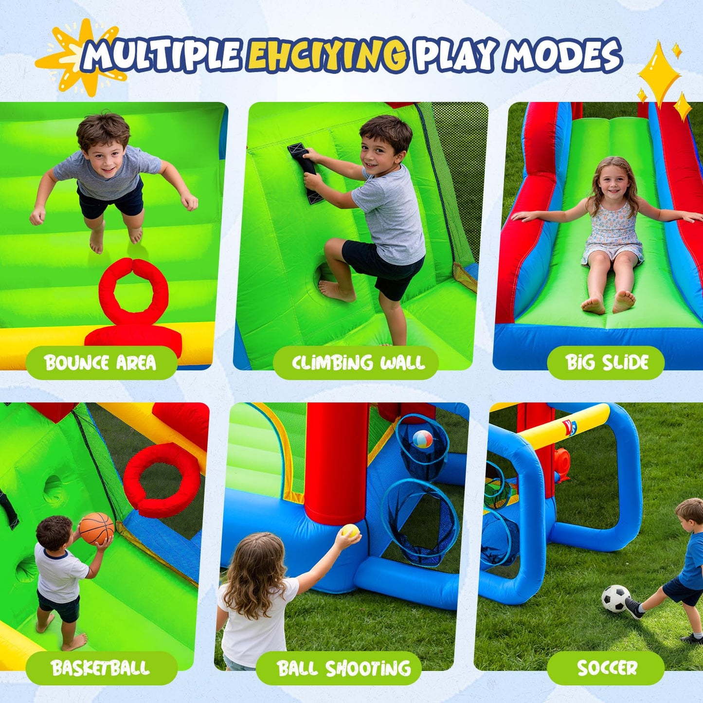 Inflatable Bounce House for Kids | 6 in 1 Play Mode Inflatable Jump House, Outdoor/Indoor Bouncy House with Blower, Jump Bounce House with Slide