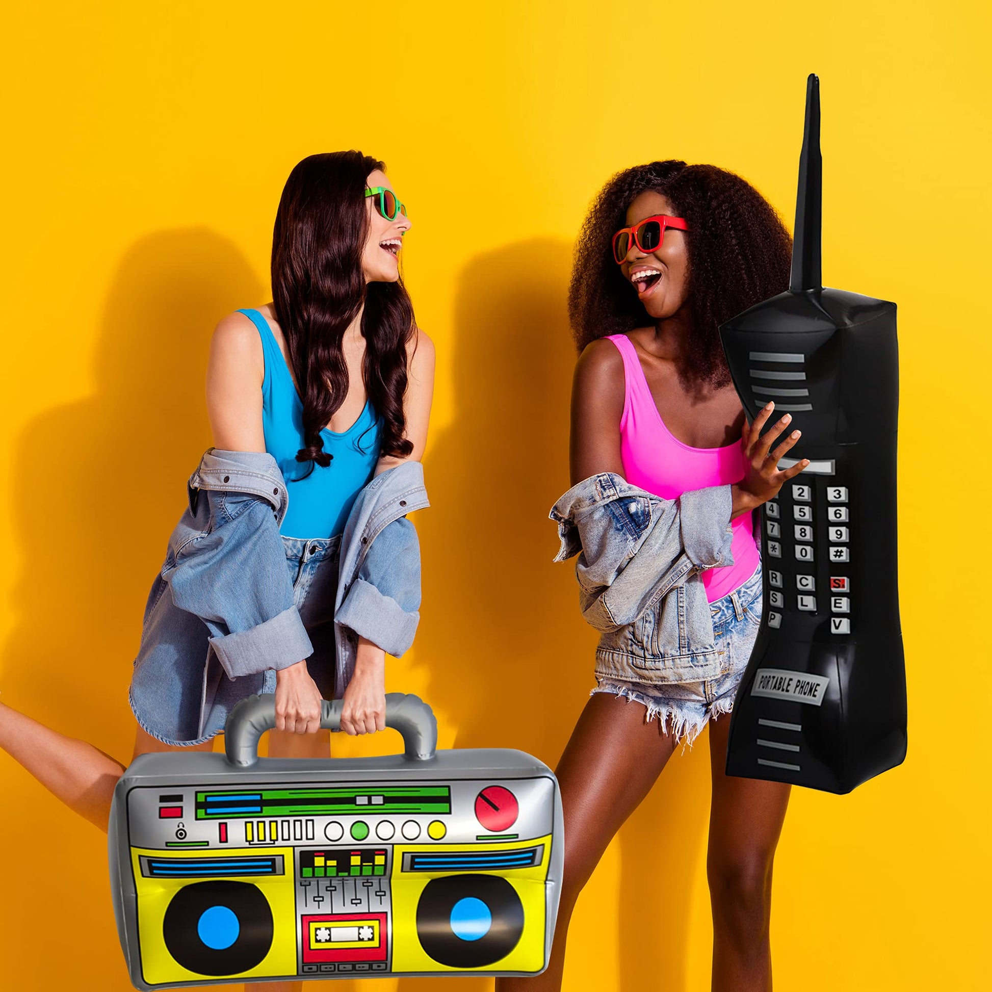 Cagemoga 20 Packs Inflatable Radio Boombox Inflatable Mobile Phone Inflatable Microphone 16 Inch Gold Foil Chain Balloons for 80s 90s Rappers Hip Hop