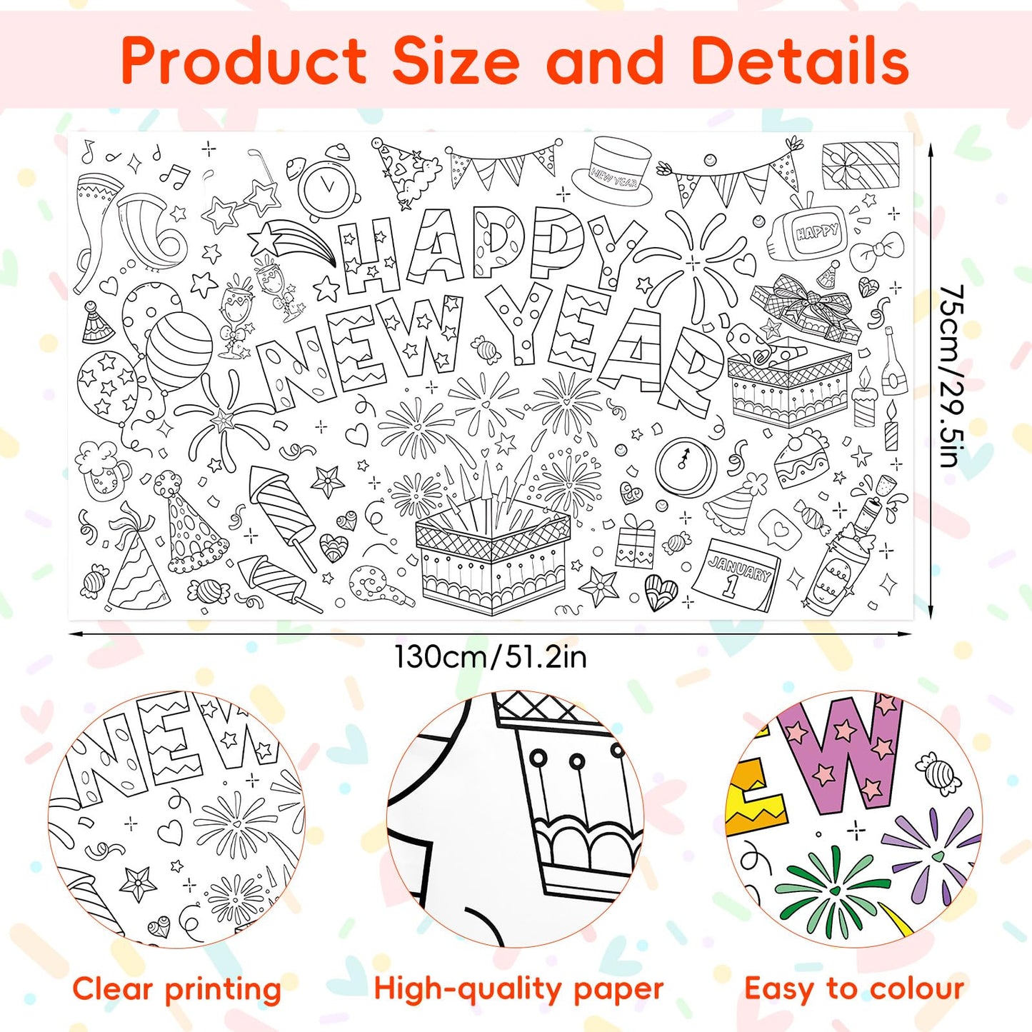 Happy New Year Coloring Poster Tablecloth - 51 x 30 Inch Giant DIY Paper Banner with Fireworks, Party Hats, and Festive Designs - Art Activity for New