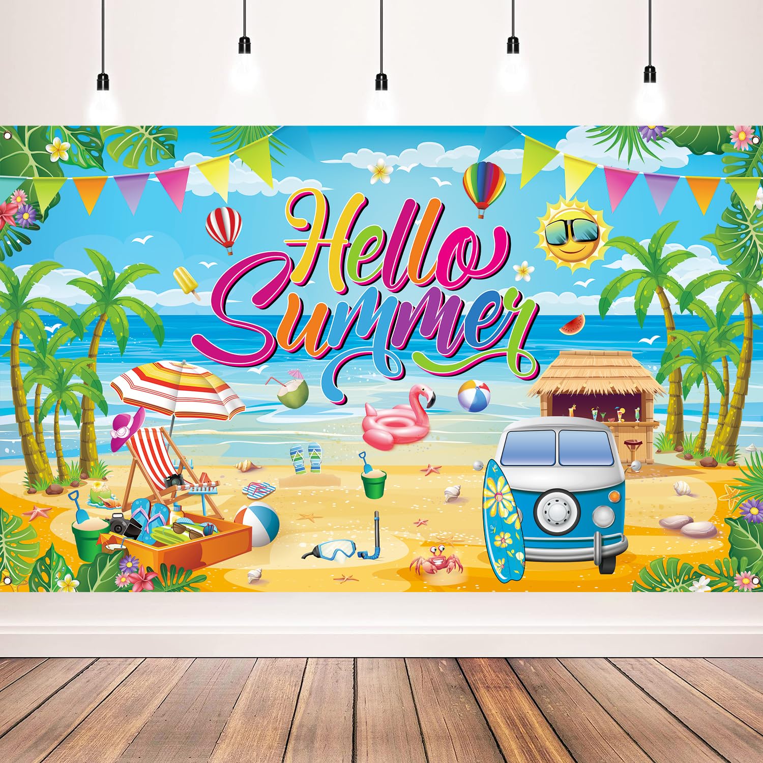 Summer Party Decorations, Hello Summer Beach Party Backdrop Banner for Hello Summer Decorations, 71 x 43 inch