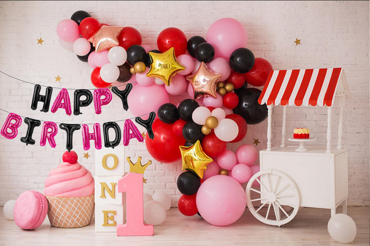 Happy Birthday Balloons Banner Black & Hot Pink 16 Inch for Kids and Adults Birthday Party Decorations Supplies