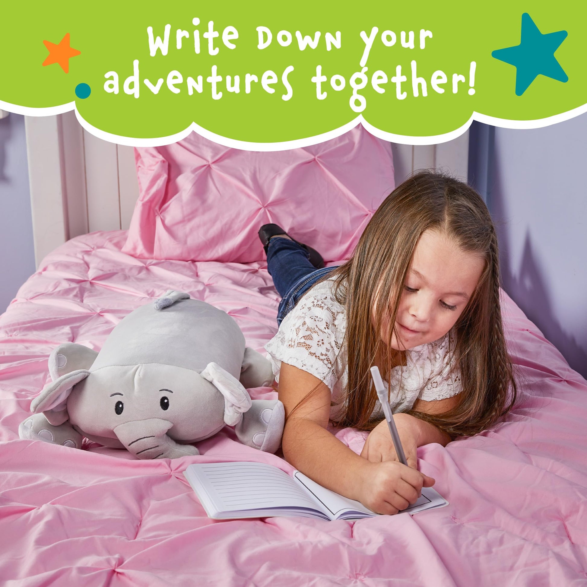 MEMORY MATES Piper the Elephant Memory Foam Pillow Plush with Kid's Diary that Stores in Belly Pocket, 15” Stuffed Animal, 6" Journal