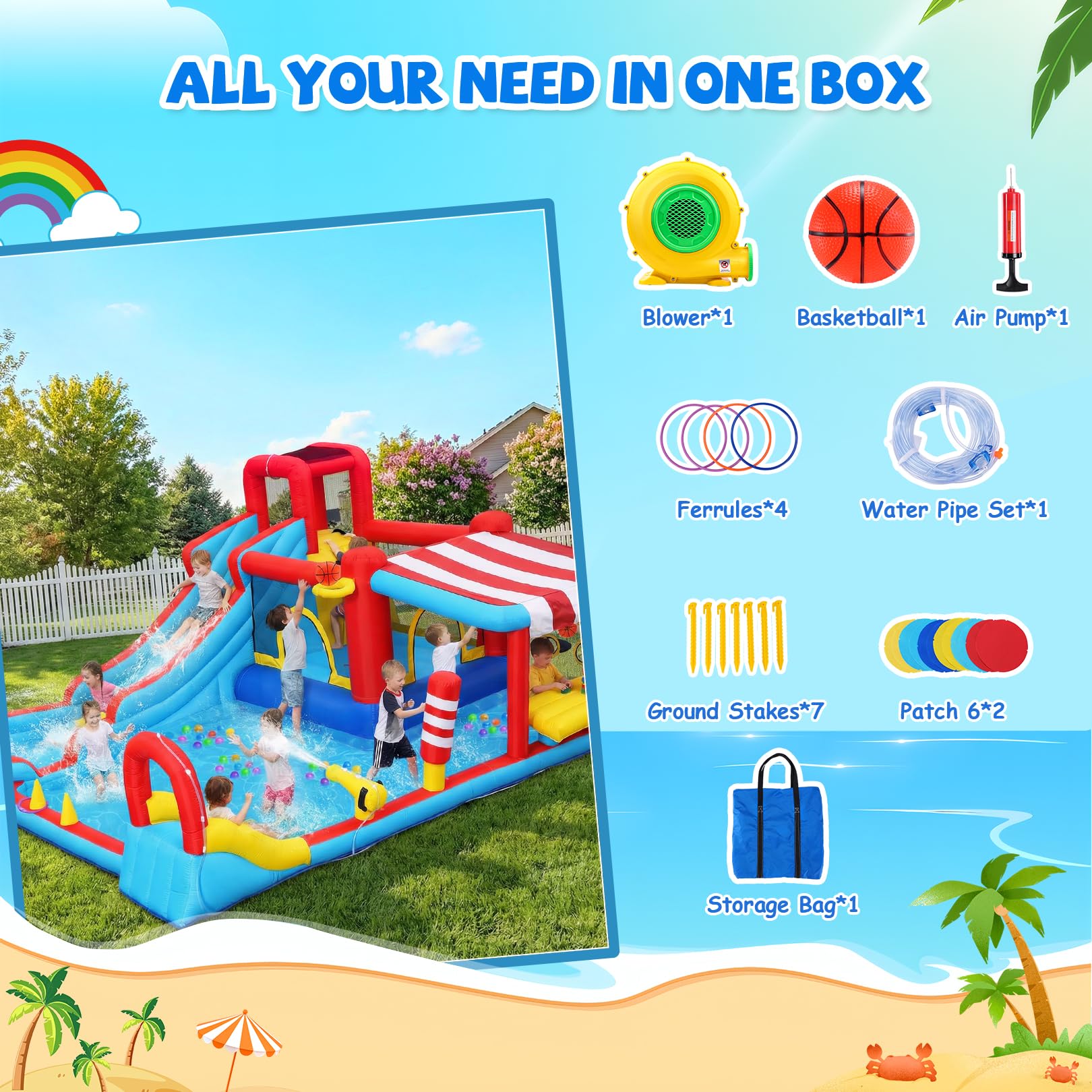 Inflatable Water Slides, 18-in-1 Bounce House Water Park with Long Slide, Basketball Hoop, Splash Pool&Sunshade, Outdoor Water Play Center for Ages