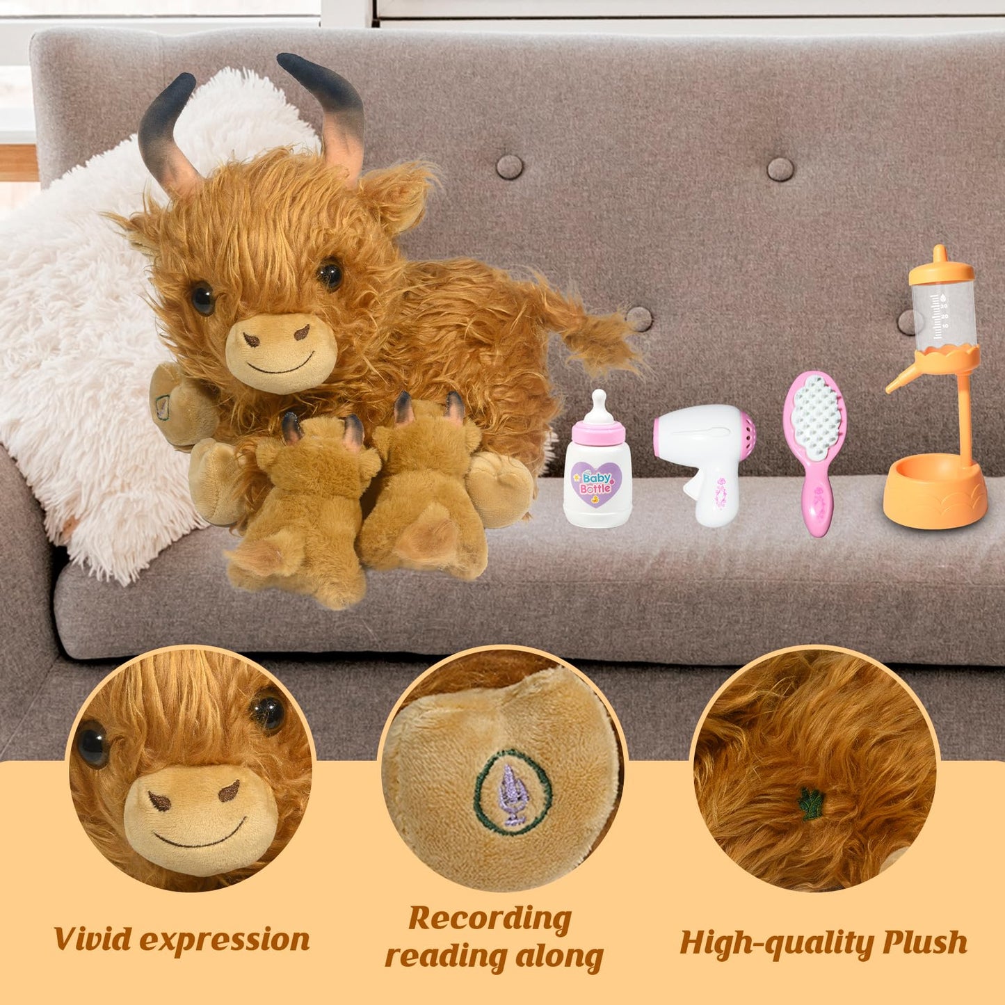 lonfypeng Nurturing Cow Stuffed Animal with 2 Plush Babies,Baby Stuffed for Girls and Boys Plushy Mommy Cattle with Baby Cattle for Birthday Party