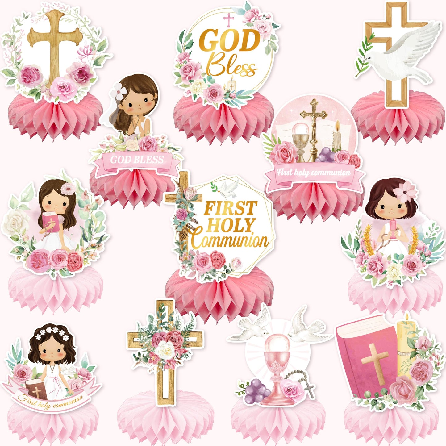 24Pcs First Communion Decorations for Girls - Pink Floral Baptism Centerpieces for Tables Baptism Decorations Honeycomb Centerpiece Double Sided Table