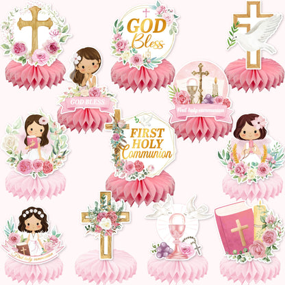 24Pcs First Communion Decorations for Girls - Pink Floral Baptism Centerpieces for Tables Baptism Decorations Honeycomb Centerpiece Double Sided Table