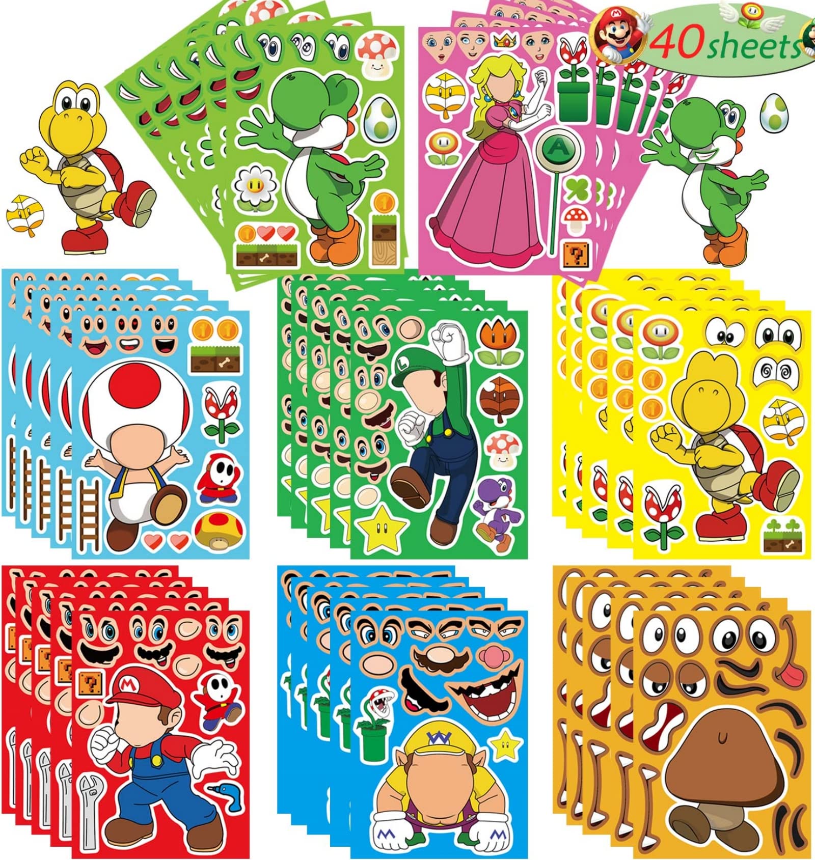 EHQEHQ 40 Pieces Make-a-face Stickers Pack, Super Bros Make Your Own Stickers, Mixed & Matched with 8 Designed Characters(5 of Each) for Party
