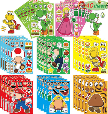 EHQEHQ 40 Pieces Make-a-face Stickers Pack, Super Bros Make Your Own Stickers, Mixed & Matched with 8 Designed Characters(5 of Each) for Party