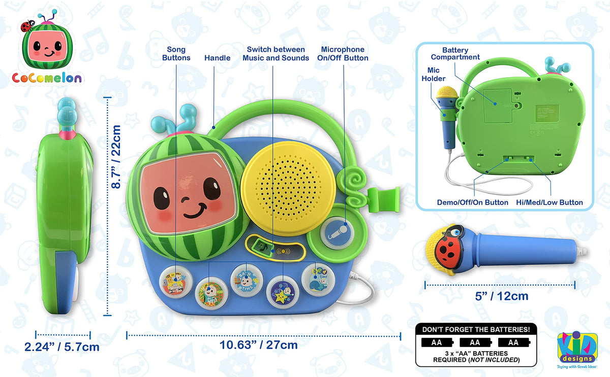 eKids Cocomelon Toy Singalong Boombox with Microphone and Built-in Music, Toddler Toys for Fans of Cocomelon Gifts