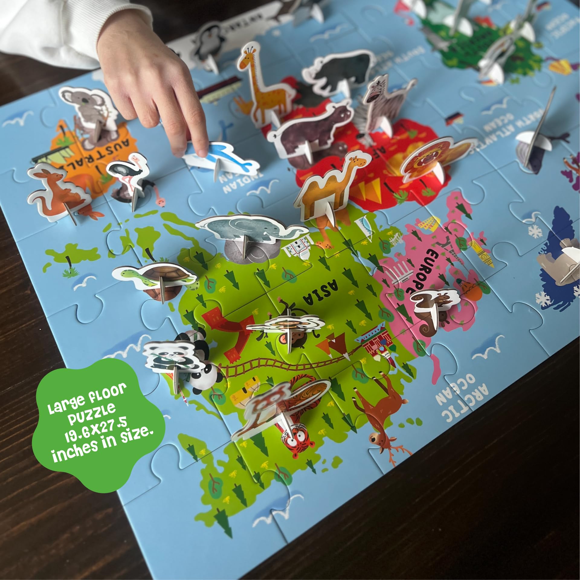 Dinomini Giant World Map Puzzle for Kids - with Interactive Standing Figures - Floor Puzzles for Kids Ages 3-5 - Preschool Learning Activities