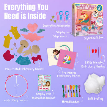 CRAFTILOO 2 in1 Cross Stitch & Embroidery Kit for Kids Ages 6+ Make 8 Projects Backpack Charms, Keyring, Doll, Wall Art, Unicorn Pillow & Card Holder