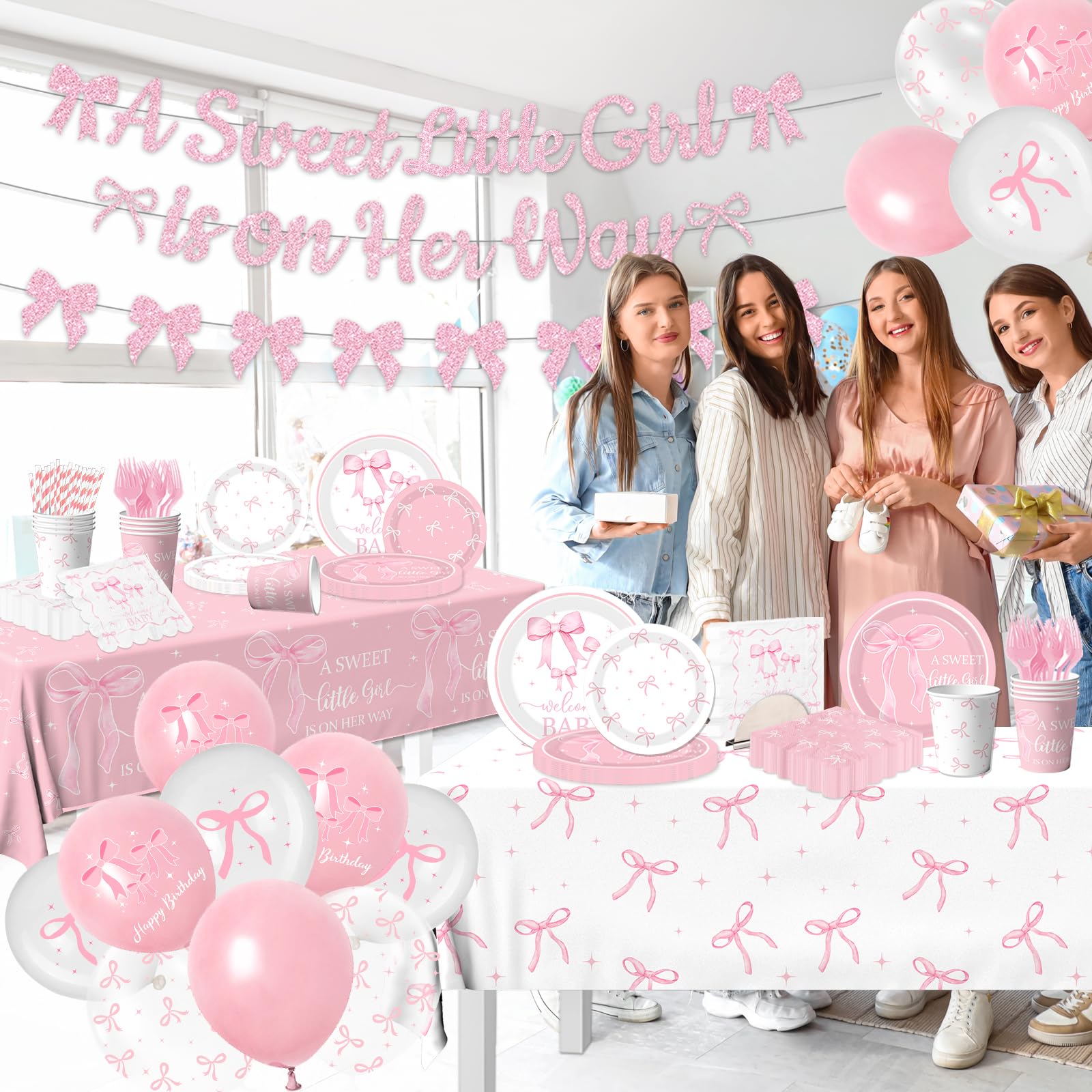 Pink Bow Baby Shower Decorations for Girl - Bow Party Tableware Include Plates,Napkins,Banner A Sweet Little Girl is on Her Way Decorations