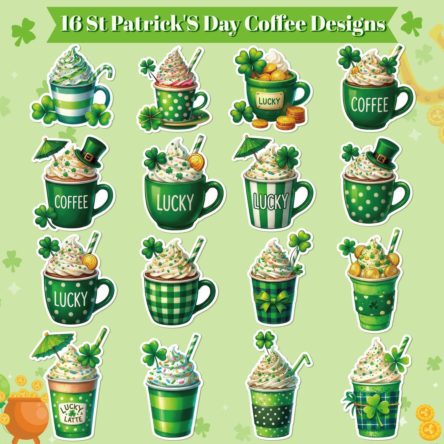 5wsech Green Coffee Roll Stickers - 1000 Lucky Clover Latte Vinyl Decals for Kids, Green Shamrock Coffee Stickers St Patrick's Day Gifts for Birthday