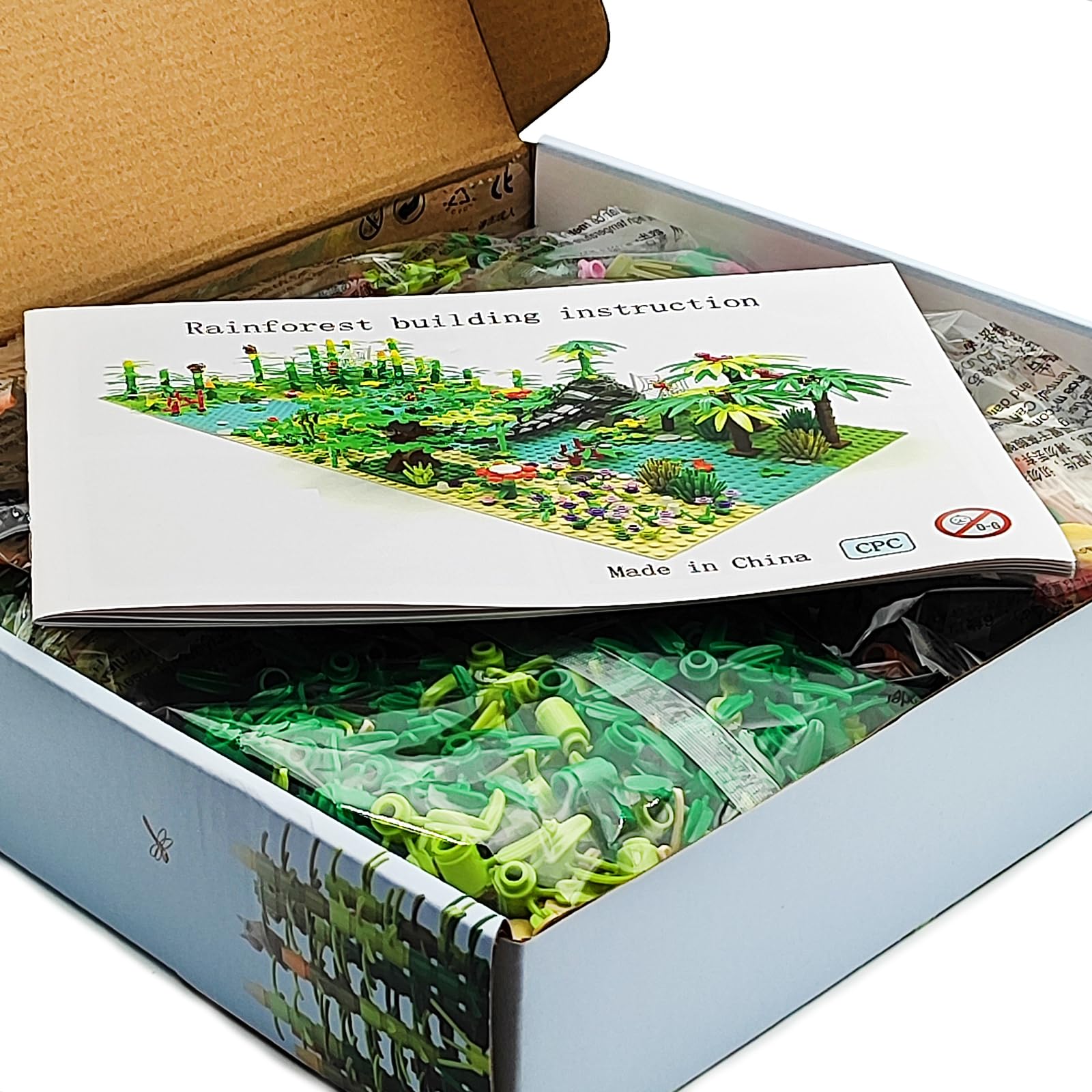 ZHX Rainforest Jungle Bridge Building Block Toys with 2pcs Baseplates(10x10 inches Each) Garden Bricks Accessories Bush Flowers Animals Coconut Trees