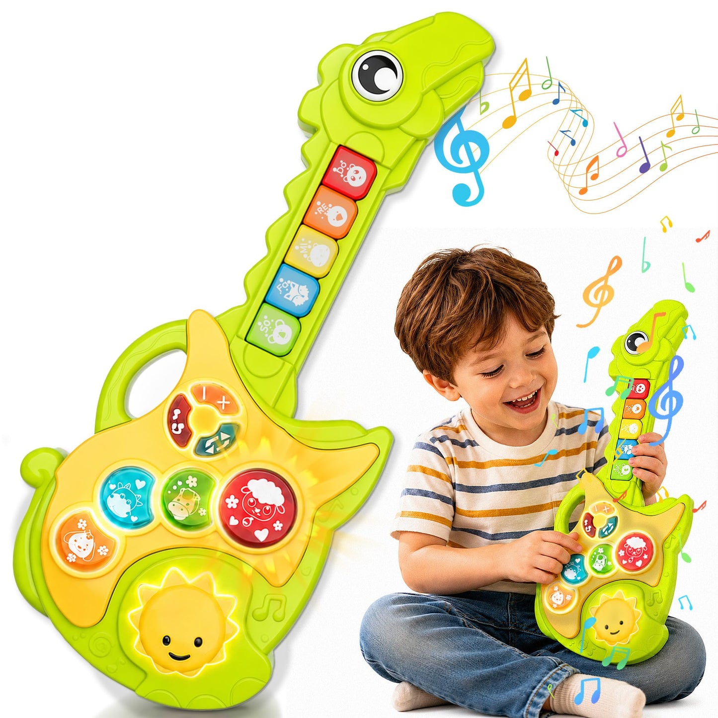 Toys for 1-3Year Old Boy Gift,2-in-1 Electric Guitars,12-18 Month with Spanish Animal Sound and Light Dinosaur Musical Guitar Piano Toys,Learning