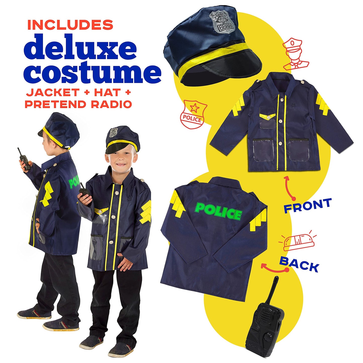 Police Car Pop Up Play Tent with Sound Button and Policeman Officer Costume for Kids, Toddlers, Boys, Girls, Indoors & Outdoors - Playhouse