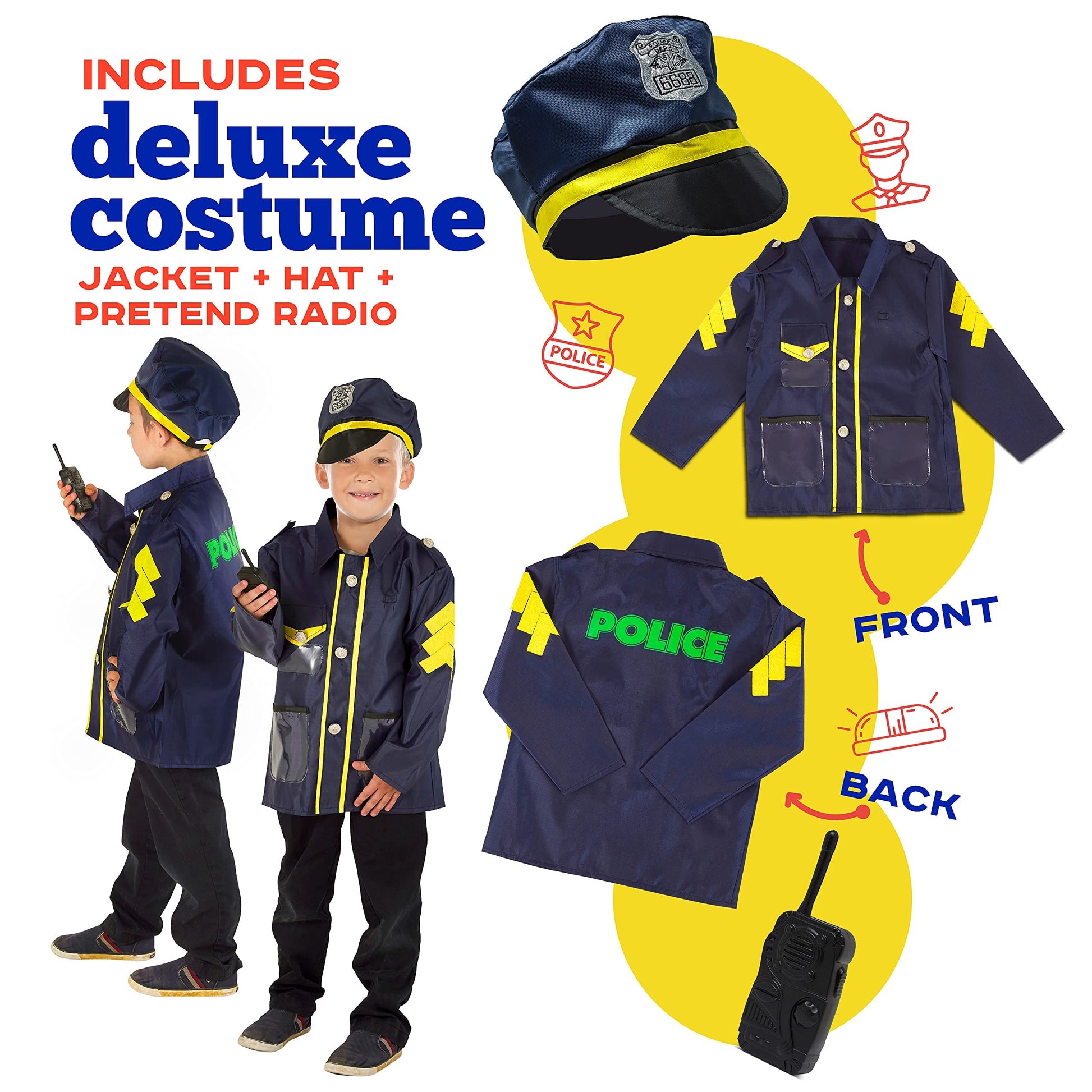 Police Car Pop Up Play Tent with Sound Button and Policeman Officer Costume for Kids, Toddlers, Boys, Girls, Indoors & Outdoors - Playhouse