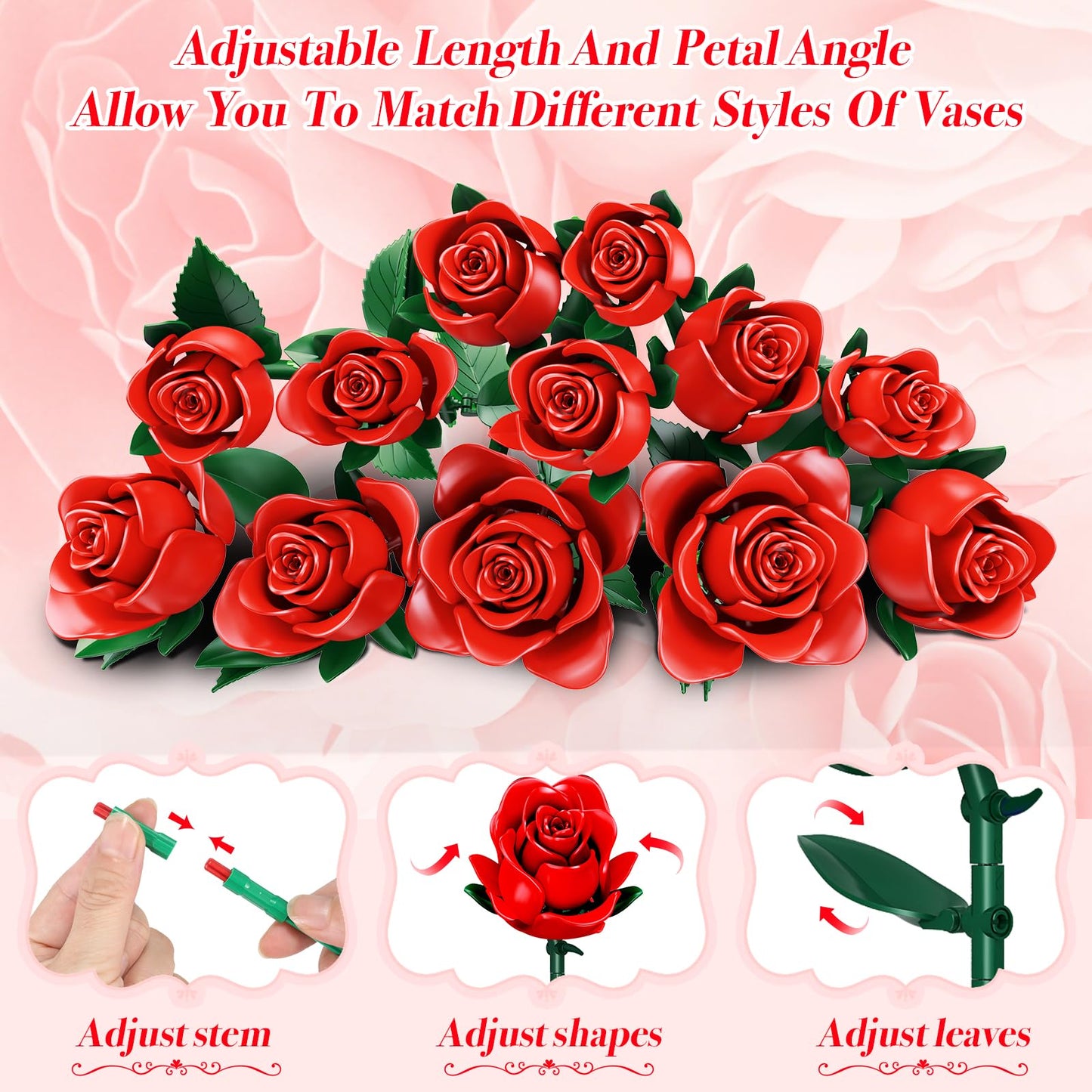 eafzv Flowers Bouquet Building Set, 12 Artificial Red Roses Botanical Collection Building Block Educational Toys for Girls Kids Women, 634 PCS